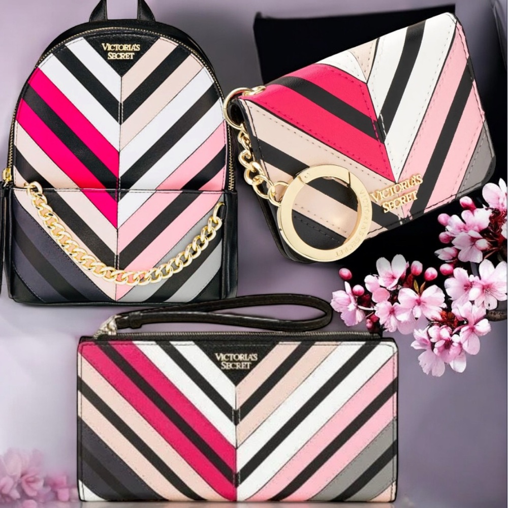 Victoria’s Secret Mini Chevron Stripe Backpack, Wallet & Keychain Set